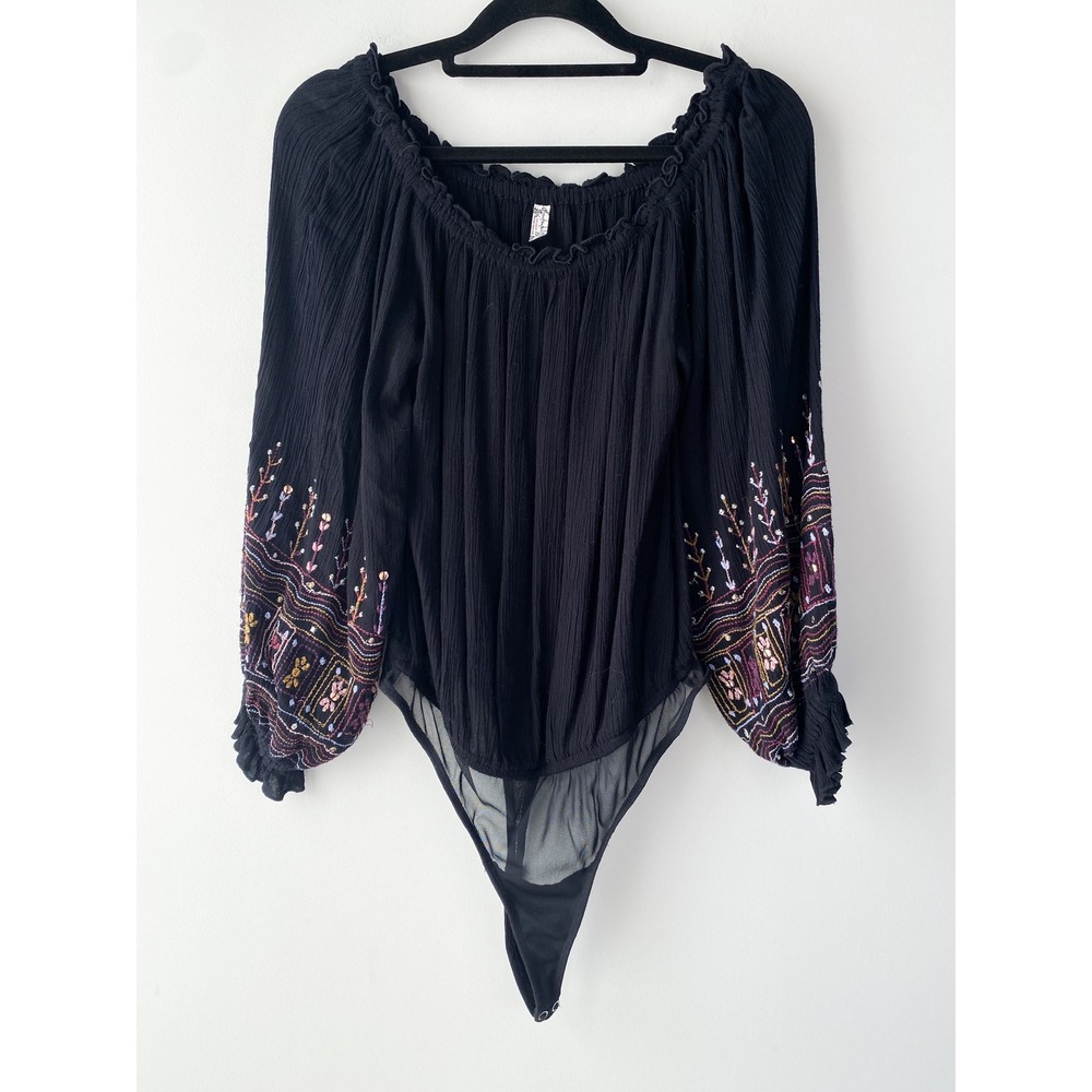 Free People Intimately Ella Bodysuit XS Black Embroidery Off Shoulder Whimsigoth - Picture 4 of 13